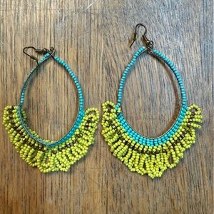 Beaded Hoop Earrings, Drop design, fringe detail, Bohemian, Artistic, Whinsical